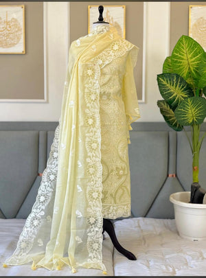 Luxury Mul Chanderi Unstitched Suit Set – Exquisite White Thread Embroidery Collection