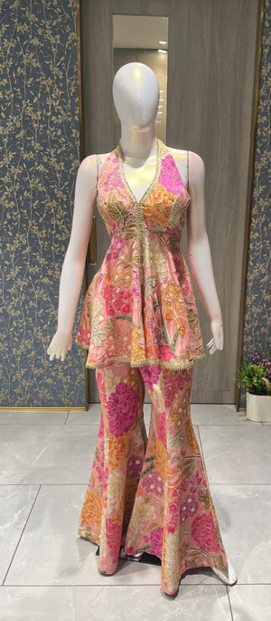 Designer Indo-Western Floral Peplum & Flared Sharara Set – Halter Neck Edition
