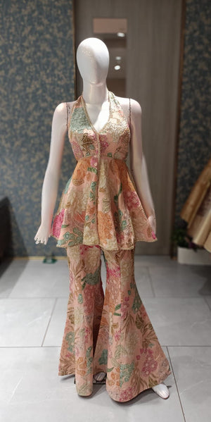 Designer Indo-Western Floral Peplum & Flared Sharara Set – Halter Neck Edition