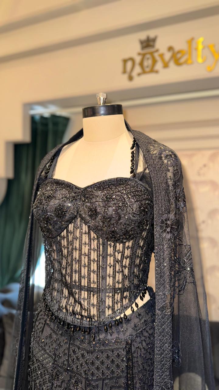 Midnight Glamour: Designer Fish-Cut Mermaid Lehenga with Corset-Style Blouse