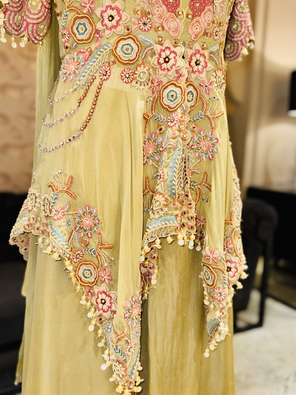 Designer Indo-Western Asymmetric Peplum & Flared Palazzo Set – Olive Gold Edition