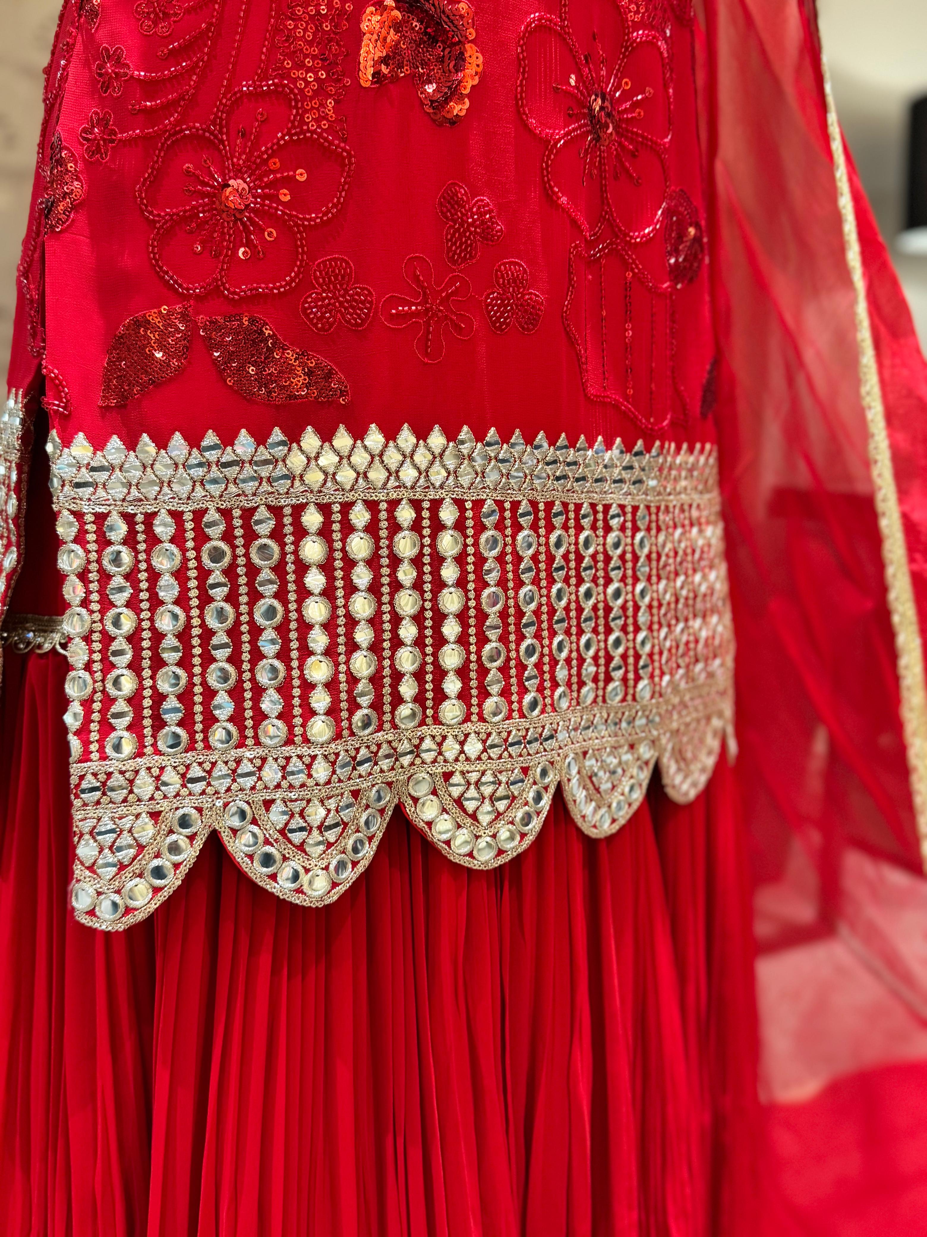 Radiant Scarlet Red Sharara Set – Heavily Embellished Kurti with Scalloped Borders