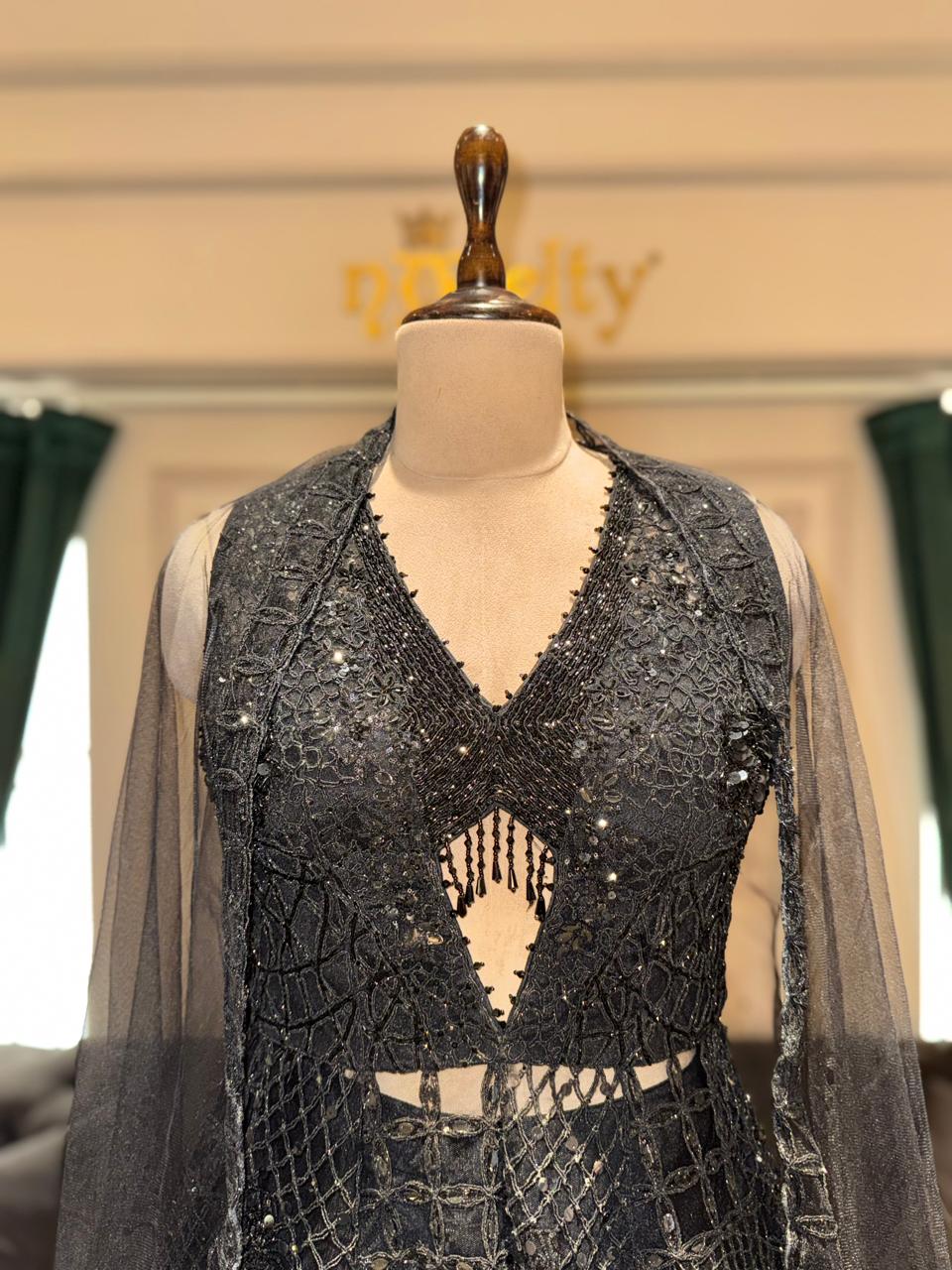 Midnight Noir Indo-Western Set – Heavily Embellished Peplum with Cape Sleeves