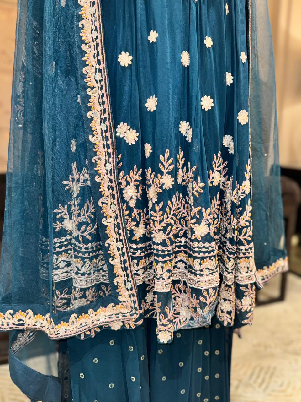 Royal Peacock Blue Sharara Set – Heavily Embroidered Kurti with Floral Borders