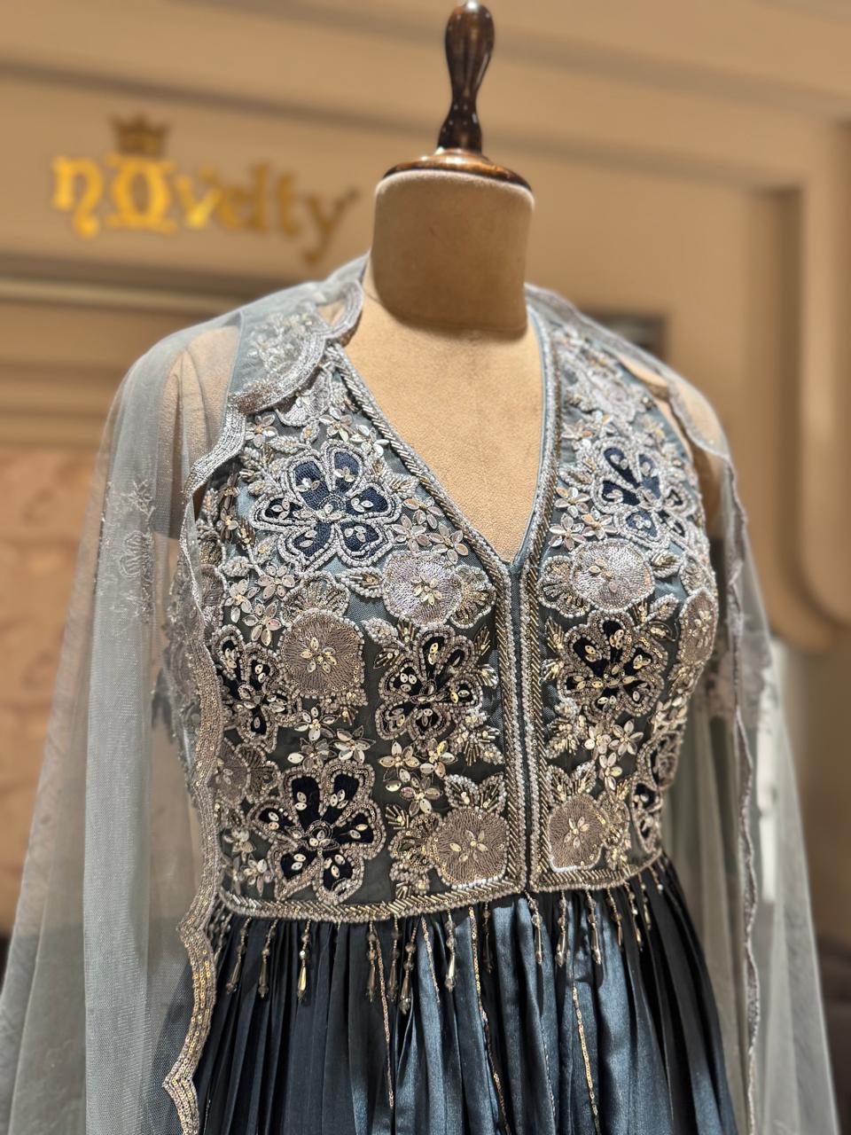 Metallic Steel Grey Sharara Set – Heavily Embellished Halter-Style Kurti