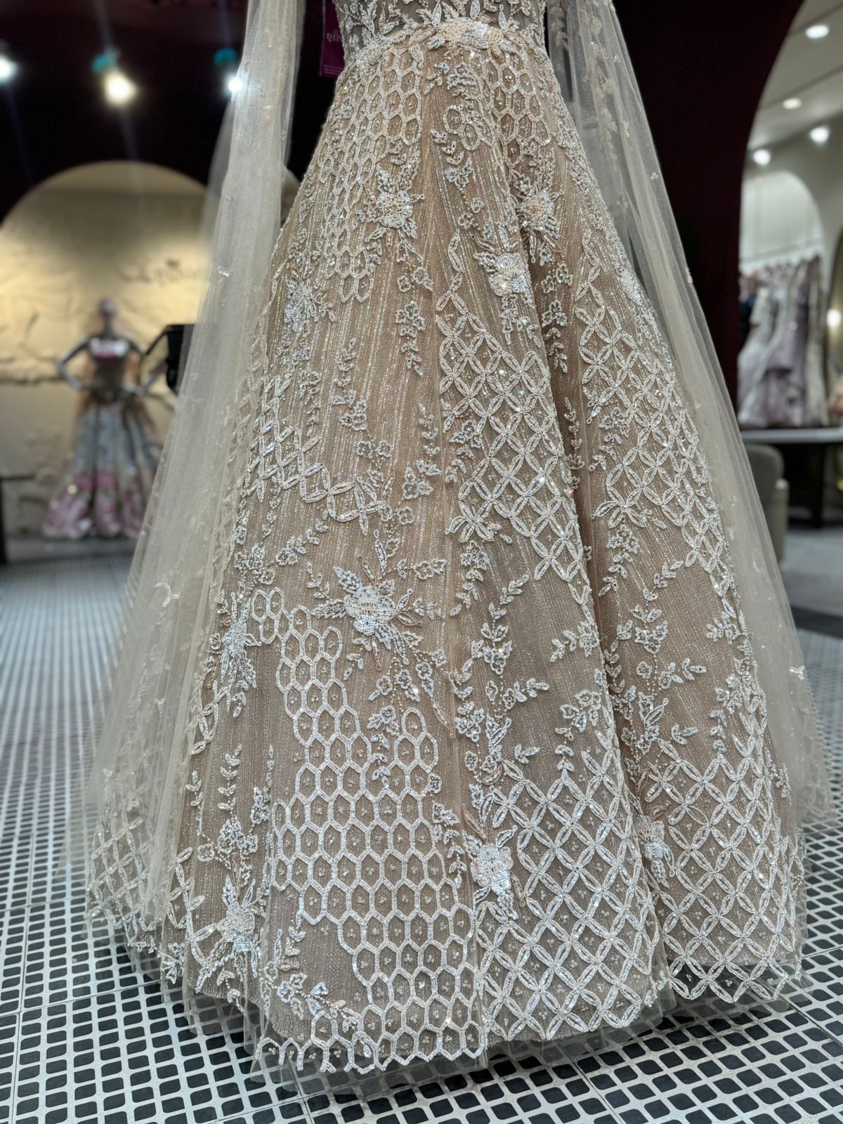 Regal Champagne Gold Hand-Embroidered Bridal Gown with Cape Sleeves