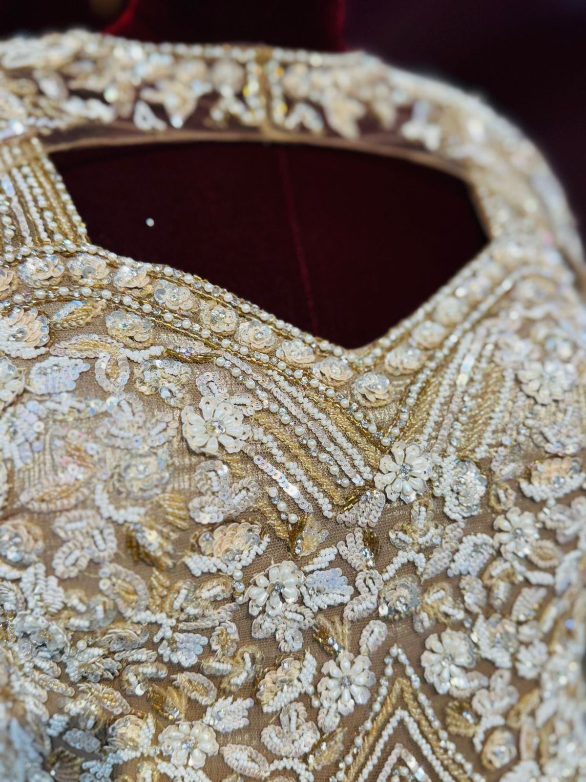 Golden Champagne Couture Gown with Diamond-Cut Bodice and Crystal Droplets