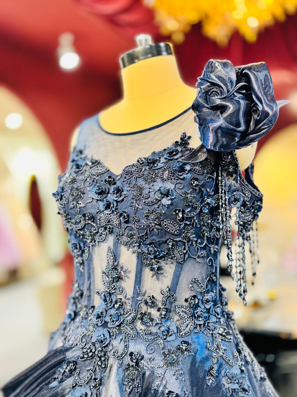 Premium Midnight Blue Metallic Gown with 3D Floral Appliqué and Draped Silhouette
