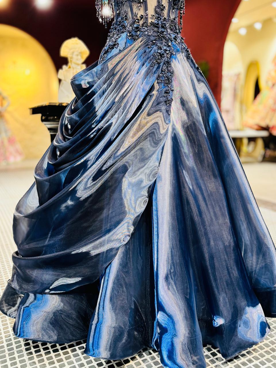 Premium Midnight Blue Metallic Gown with 3D Floral Appliqué and Draped Silhouette
