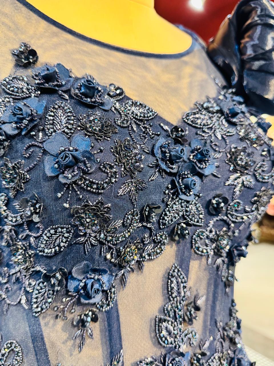 Premium Midnight Blue Metallic Gown with 3D Floral Appliqué and Draped Silhouette