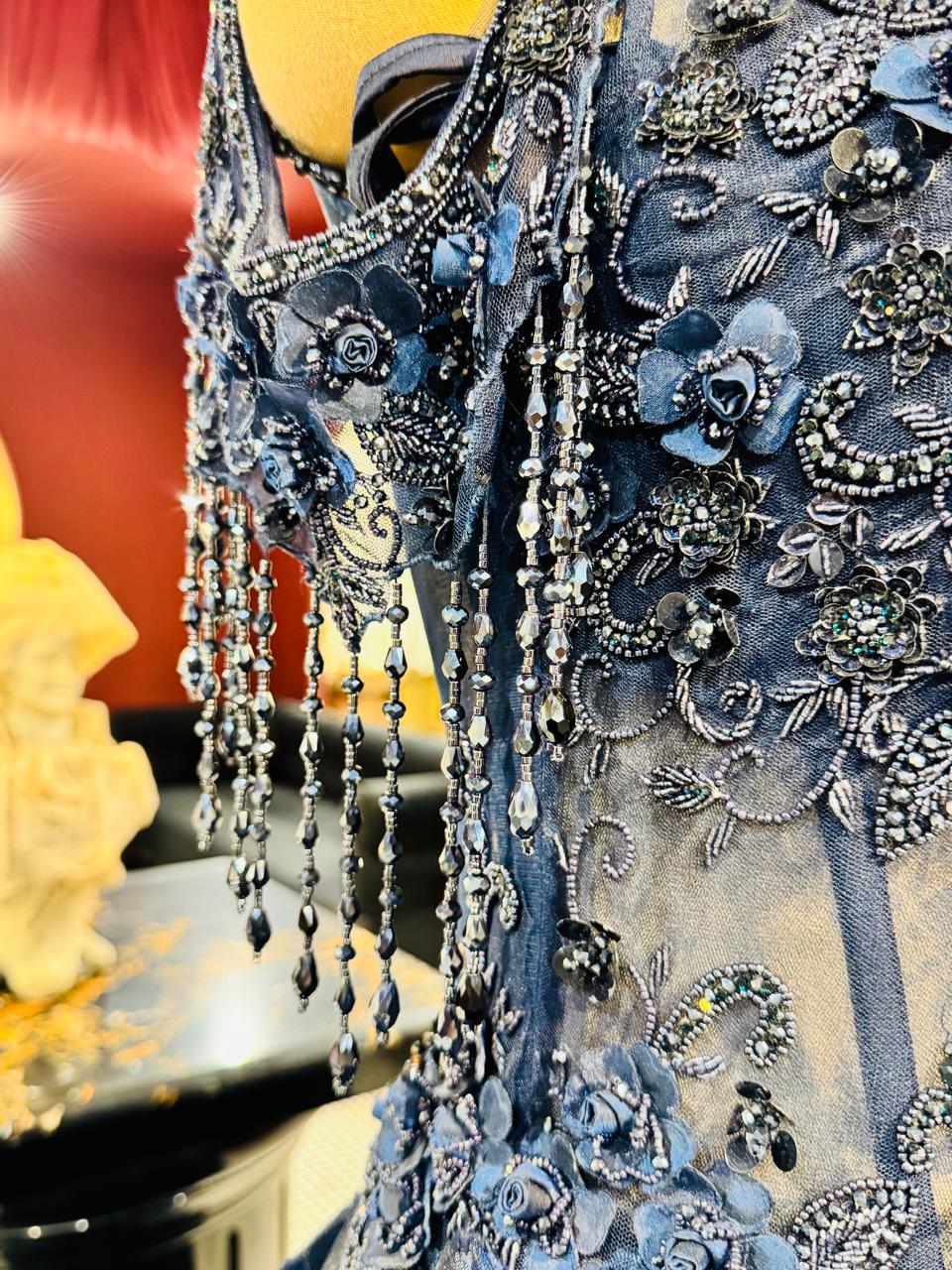 Premium Midnight Blue Metallic Gown with 3D Floral Appliqué and Draped Silhouette