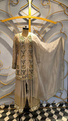 Designer Silver-Grey Sharara Set with Heavy Mirror Work and Emerald Accents