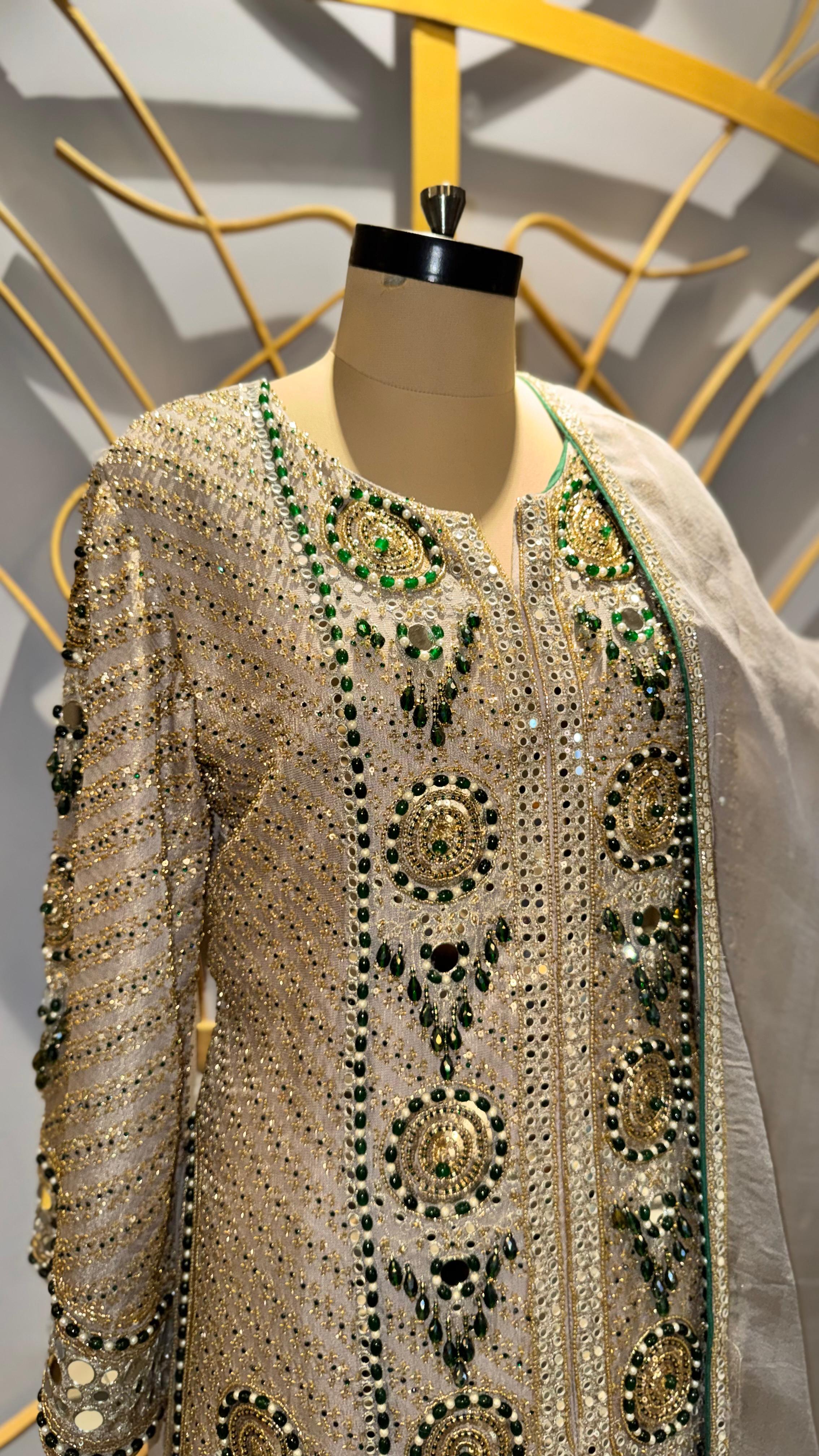 Designer Silver-Grey Sharara Set with Heavy Mirror Work and Emerald Accents