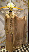 Premium Golden Sequinned Long Jacket with Emerald Green Hand-Embroidery