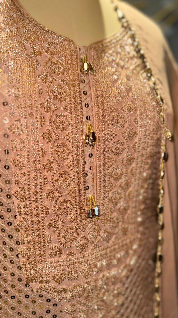 Elegant Rose-Gold Georgette Suit with All-Over Sequin Work and Matching Dupatta