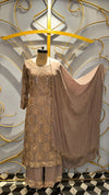 Premium Dusty Mauve Georgette Suit with Golden Rose Embroidery