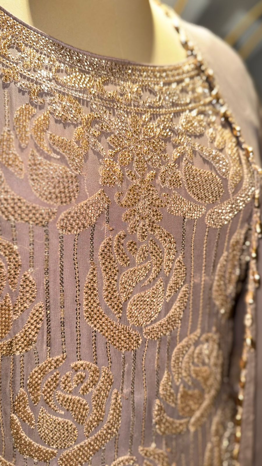 Premium Dusty Mauve Georgette Suit with Golden Rose Embroidery