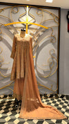 Designer Peach-Gold Peplum Sharara Set with Intricate Zari and Mirror Work