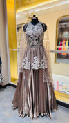 Designer Mocha Satin Sharara Set with Scalloped Lace Overlay and Sheer Cape