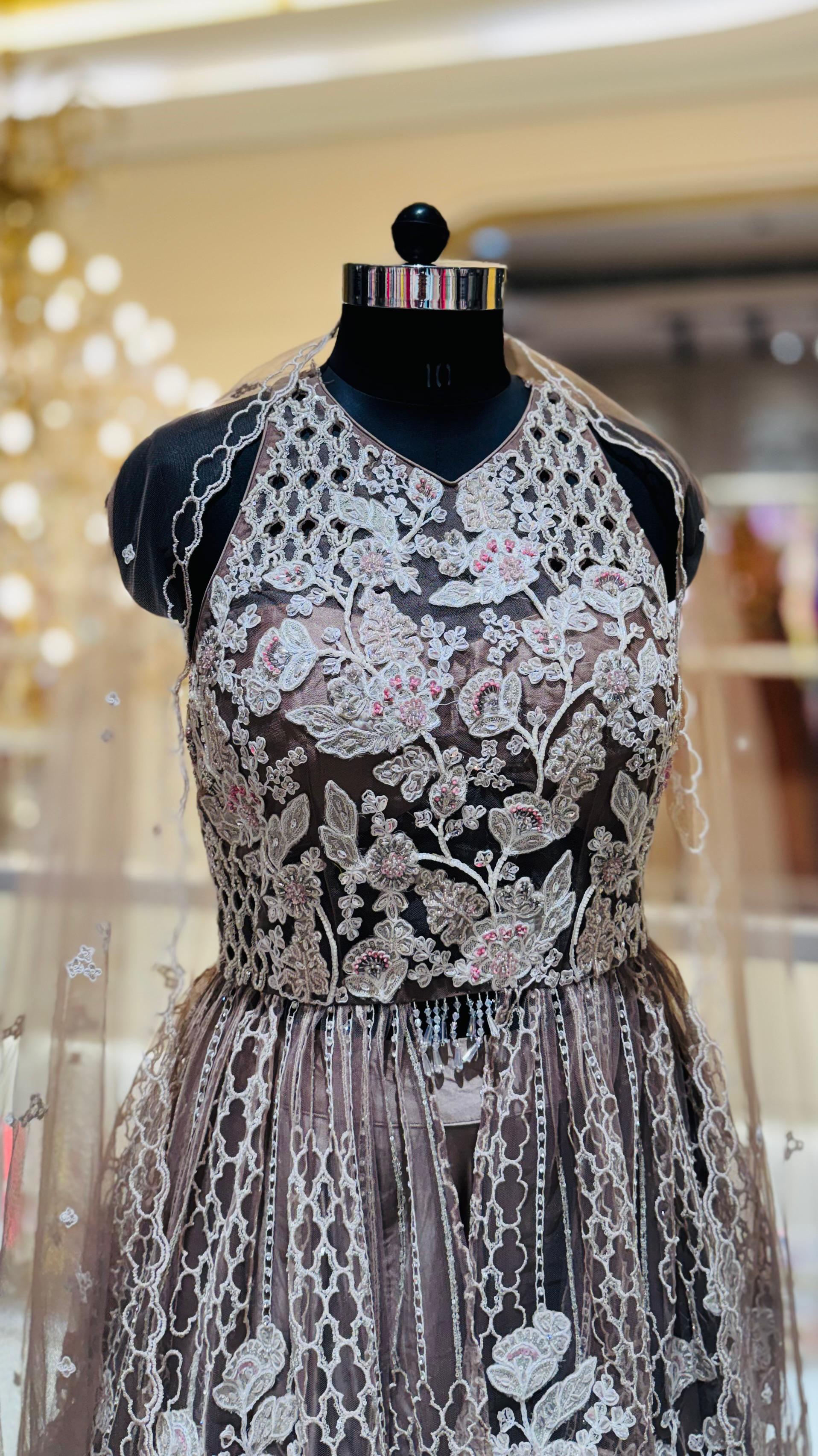 Designer Mocha Satin Sharara Set with Scalloped Lace Overlay and Sheer Cape