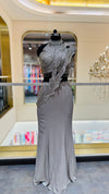 Designer Slate Grey Mermaid Gown with Heavily Embellished Halter Bodice