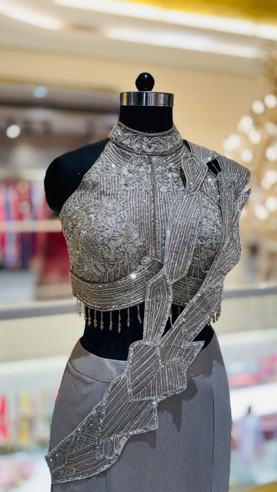 Designer Slate Grey Mermaid Gown with Heavily Embellished Halter Bodice