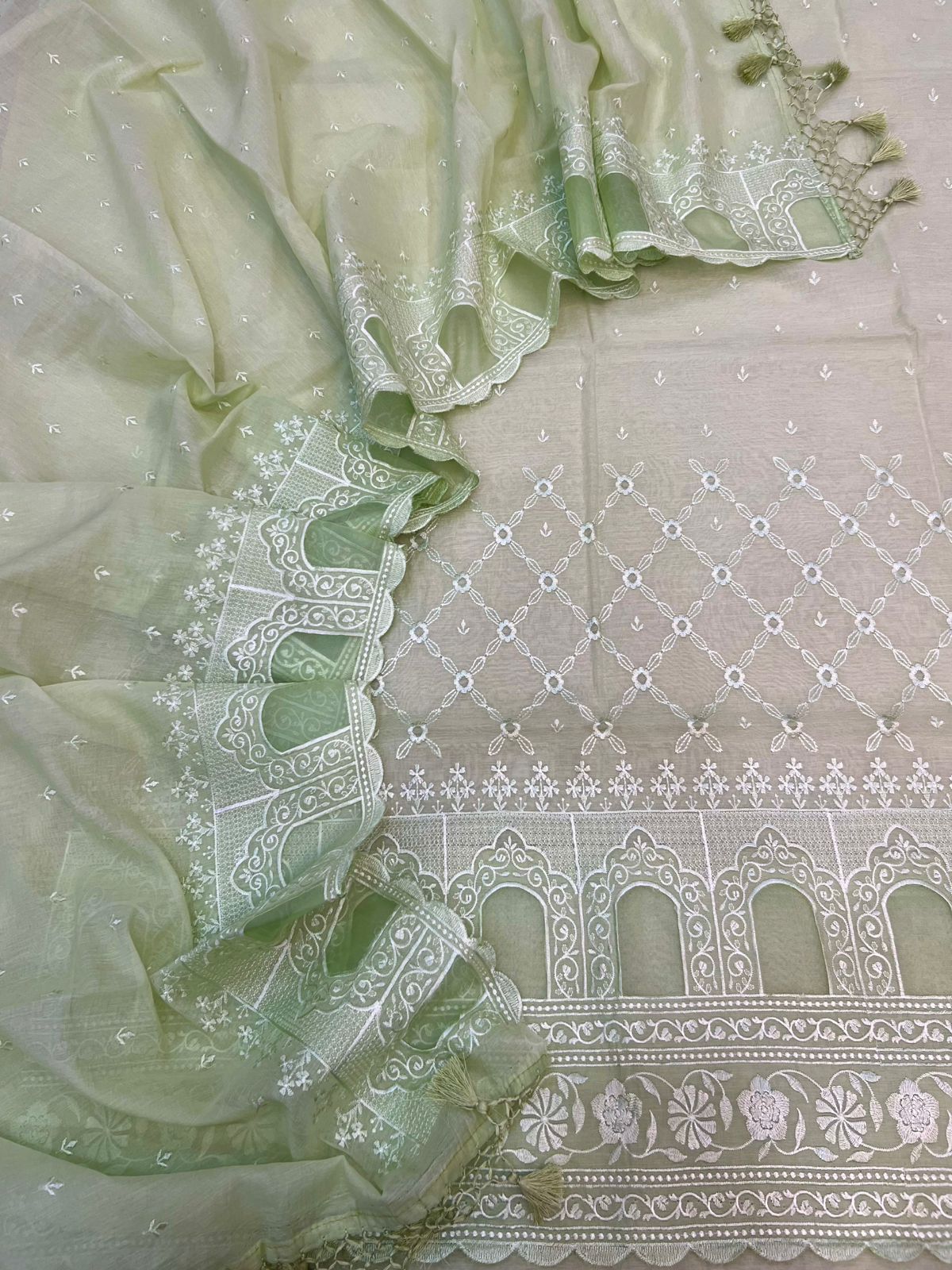 Luxury Mul Chanderi Unstitched Suit Set with Cut-Work Embroidery and Organza Border