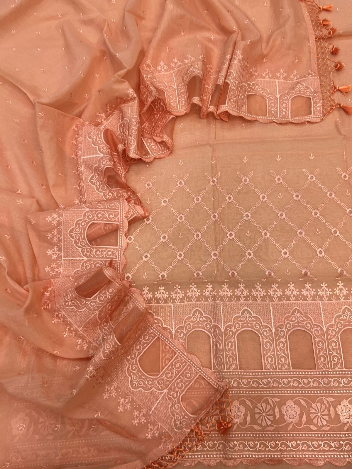 Luxury Mul Chanderi Unstitched Suit Set with Cut-Work Embroidery and Organza Border