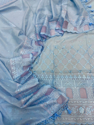 Luxury Mul Chanderi Unstitched Suit Set with Cut-Work Embroidery and Organza Border