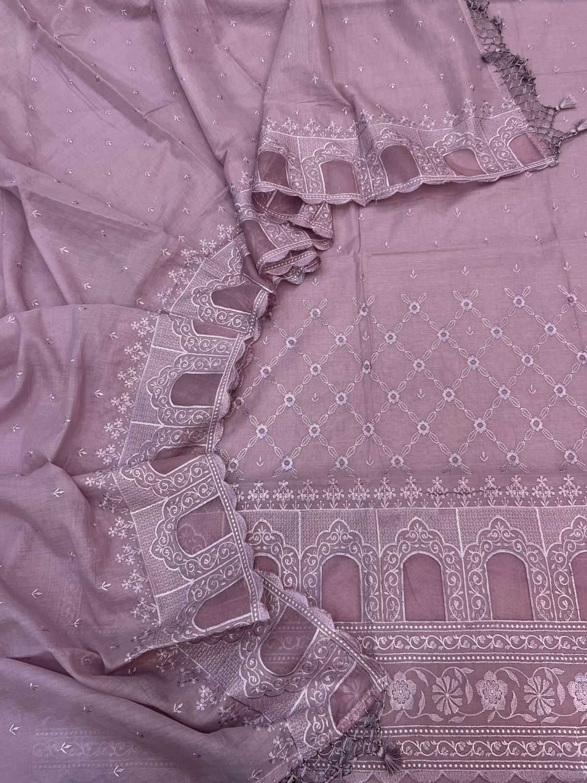 Luxury Mul Chanderi Unstitched Suit Set with Cut-Work Embroidery and Organza Border