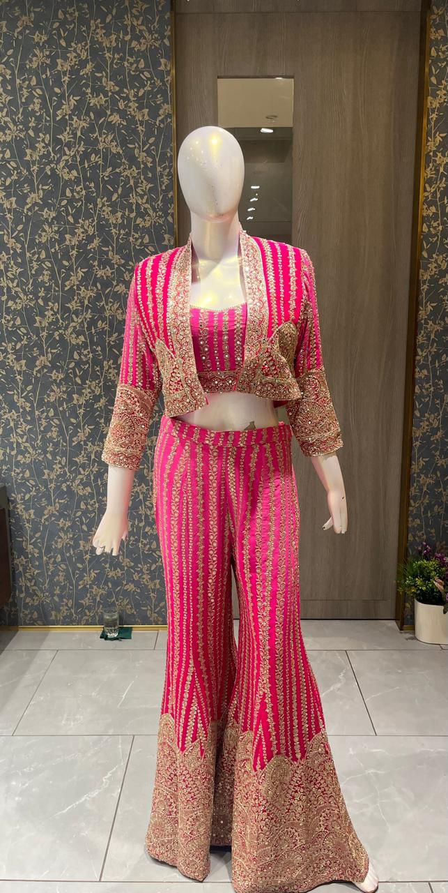 Designer Indo-Western Set with Cropped Jacket and Flared Sharara Pants