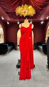 Premium Scarlet Red Pre-Stitched Drape Saree with Corset-Style Embellished Blouse