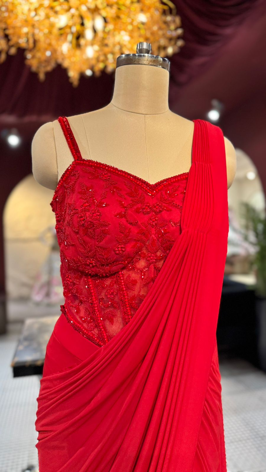 Premium Scarlet Red Pre-Stitched Drape Saree with Corset-Style Embellished Blouse