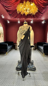 Designer Midnight Black Pre-Stitched Drape Saree with Asymmetric Golden Hand-Embroidered Cape