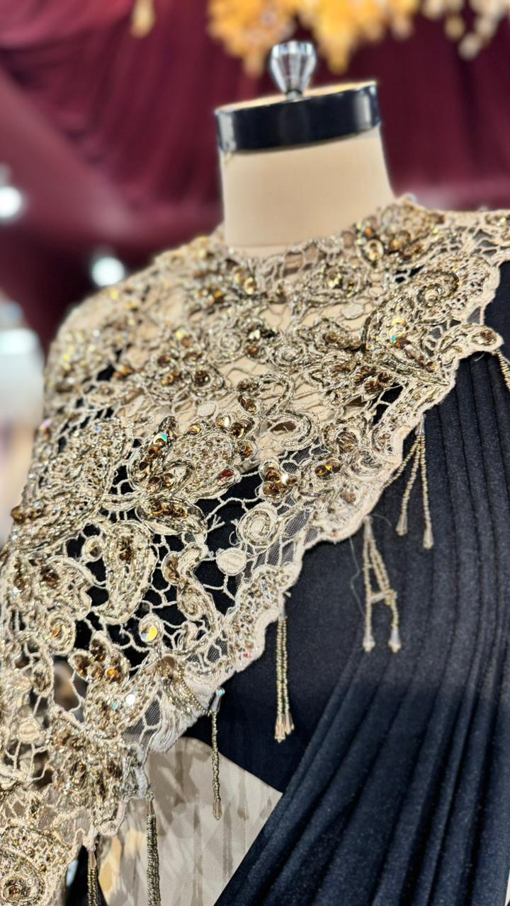 Designer Midnight Black Pre-Stitched Drape Saree with Asymmetric Golden Hand-Embroidered Cape