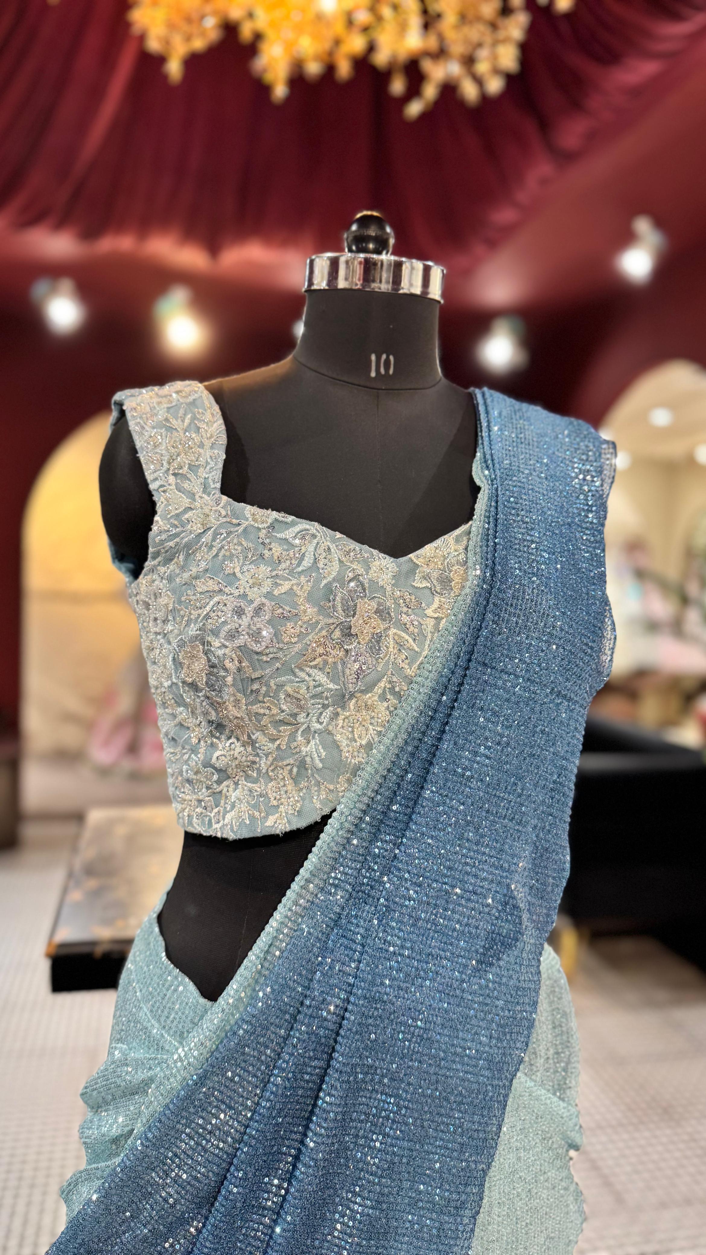 Designer Ivory Shimmer Drape Saree with Detachable Pearl-Embellished Cape