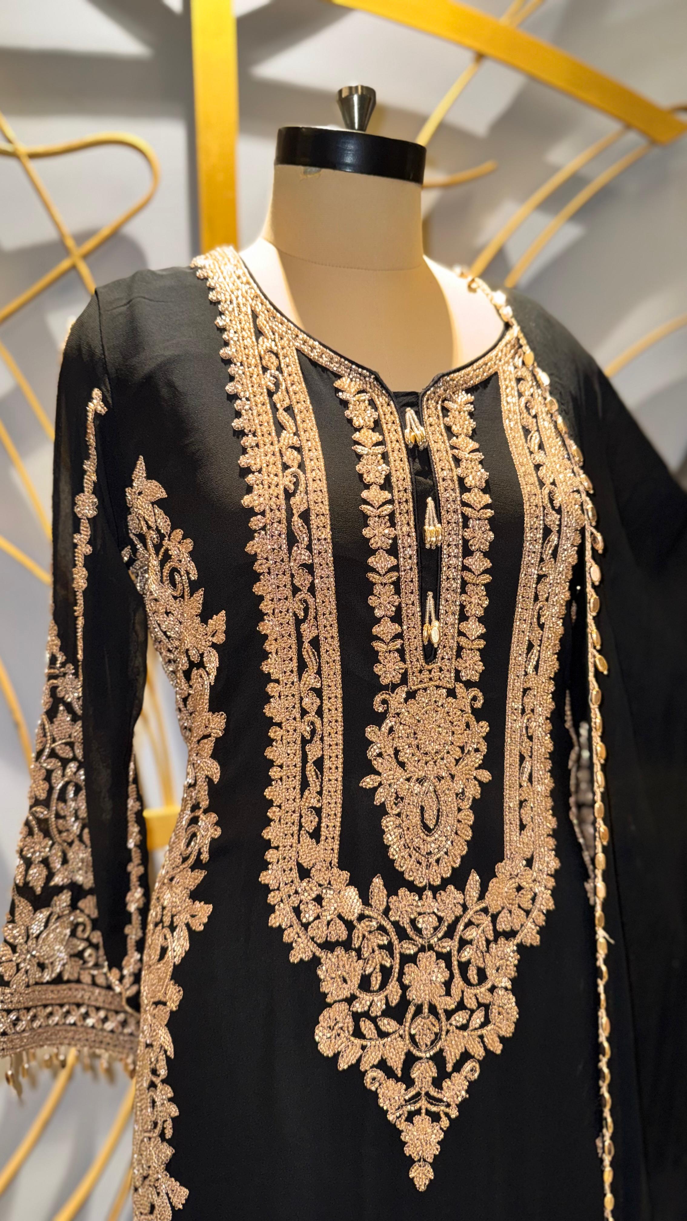 Premium Black Ethnic Suit with Intricate Golden Zari Work and Sequins