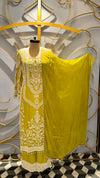 Vibrant Lime Green Georgette Suit with Intricate White Threadwork and Pearl Finishes