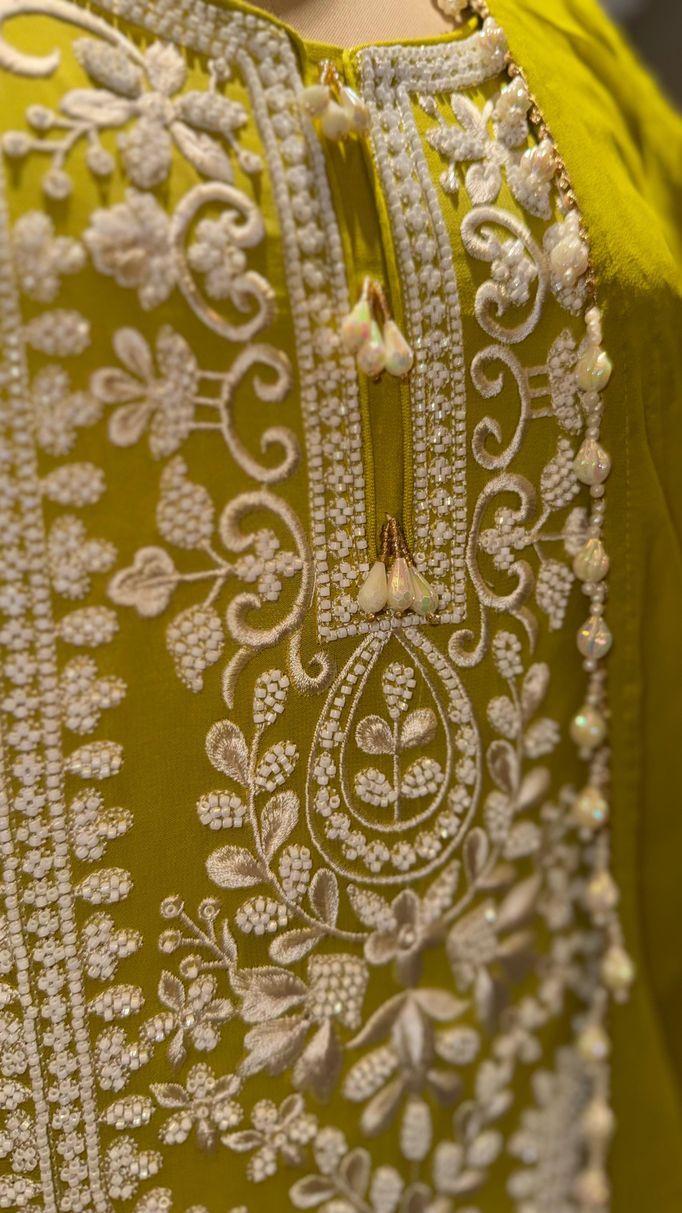 Vibrant Lime Green Georgette Suit with Intricate White Threadwork and Pearl Finishes