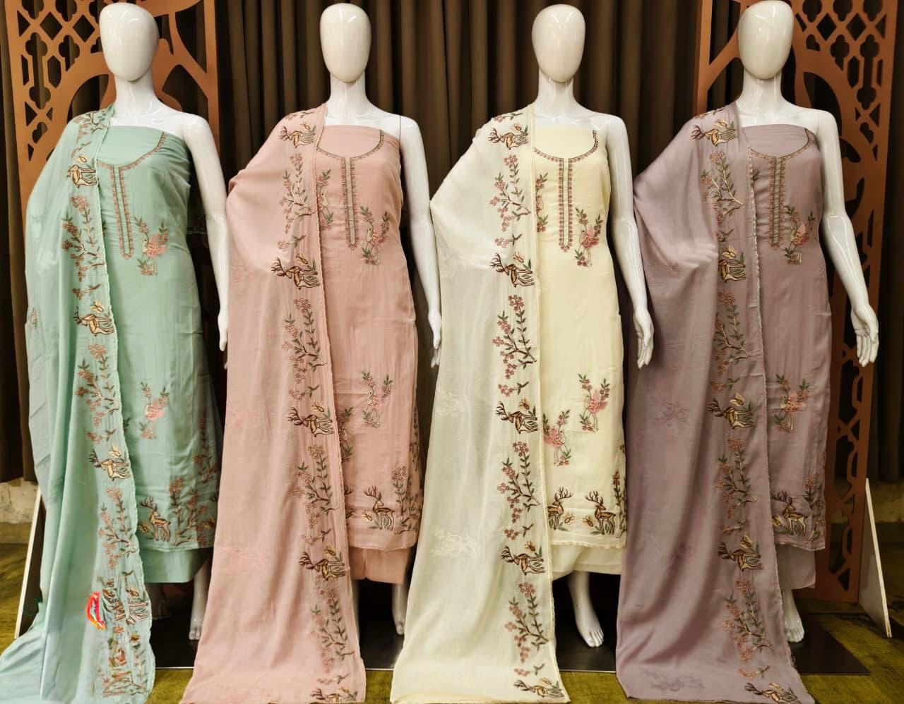 Premium Pastel Unstitched Suit Set with Traditional Deer and Nature-Inspired Embroidery