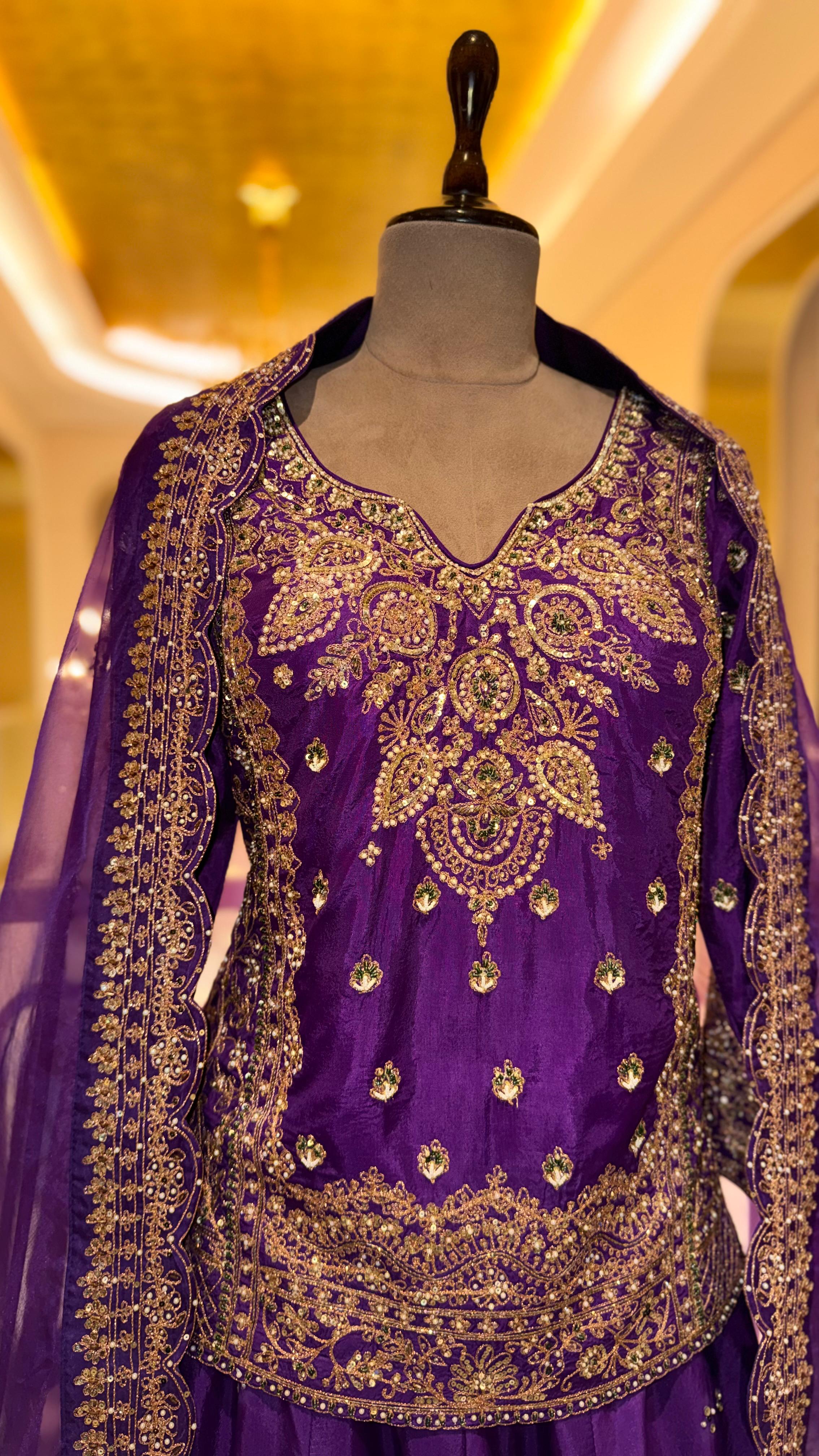Premium Royal Purple Silk Lehenga with Heavy Golden Zardosi and Floral Embroidery