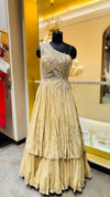 Designer Champagne Gold Gown with Asymmetric Leaf Embroidery and Tiered Pleats