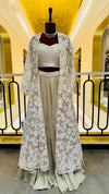 Designer Ivory 3-Piece Lehenga Set with Heavily Embroidered Long Jacket and Sweetheart Bustier