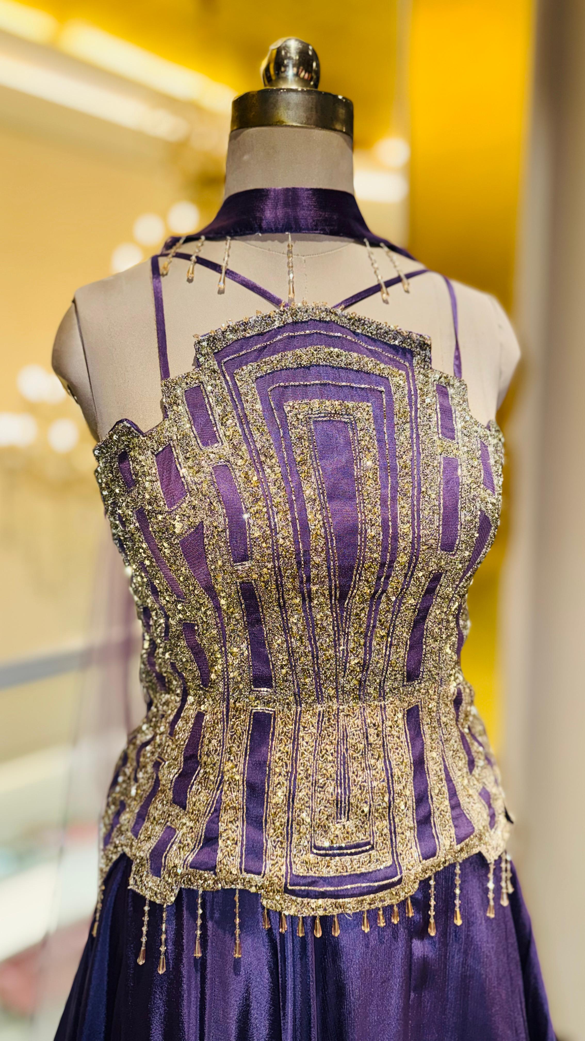 Designer Purple Silk Lehenga with Structured Embroidered Short Shirt and Choker Neckline