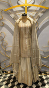 Designer Champagne Gold Silk Set with Vertical Sequin Stripes and Flared Gharara