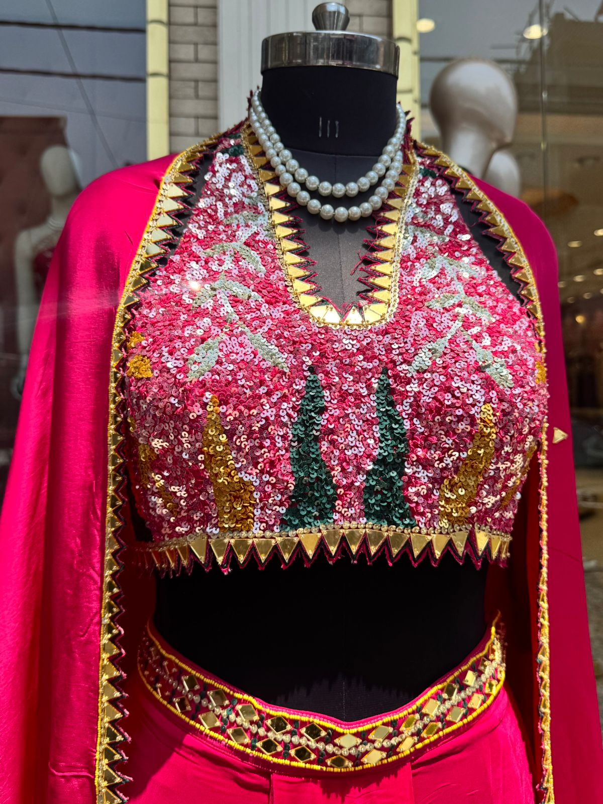 Vibrant Hot Pink Indo-Western Set with Sequin Bustier and Floor-Length Cape