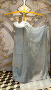 Soothing Icy Blue Mul Cotton Unstitched Suit with Delicate White Thread Work