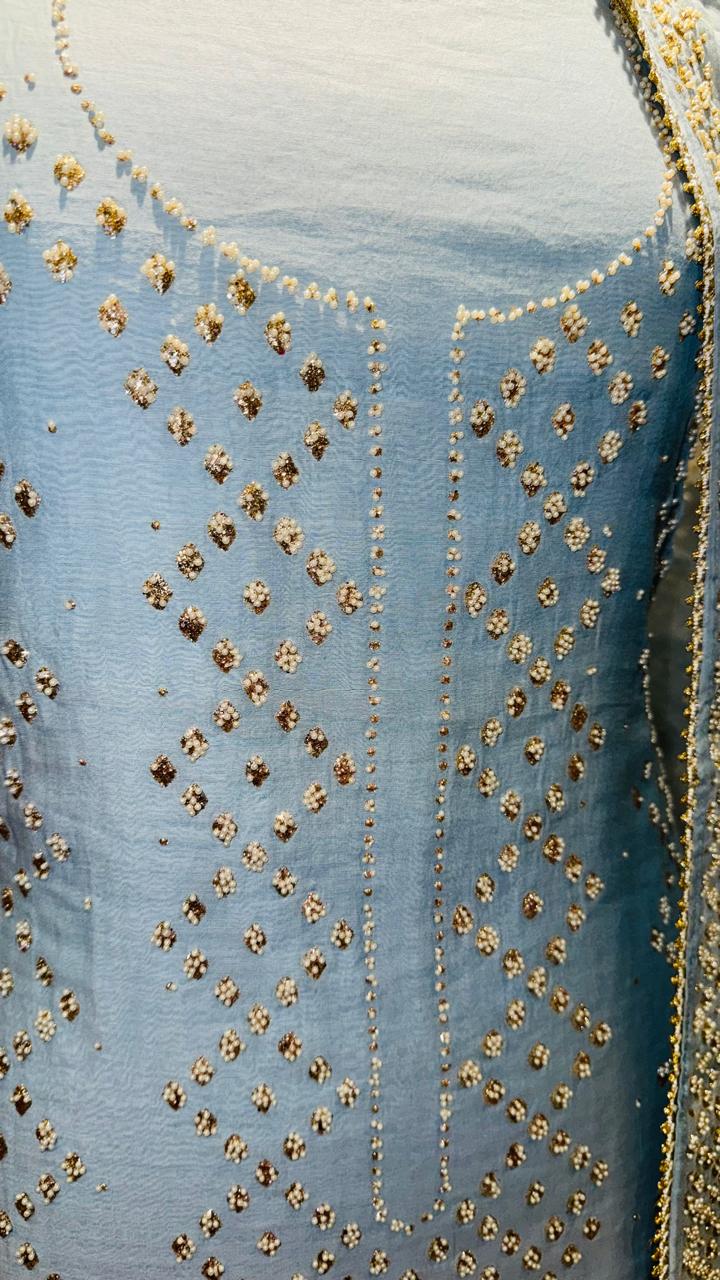 Soothing Icy Blue Mul Cotton Unstitched Suit with Delicate White Thread Work