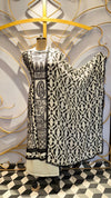 Premium White Mul Cotton Unstitched Suit with Bold Black Embroidery and Printed Dupatta