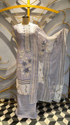 Designer Lavender Mul Cotton Unstitched Suit with Floral Patchwork and Scalloped Lace